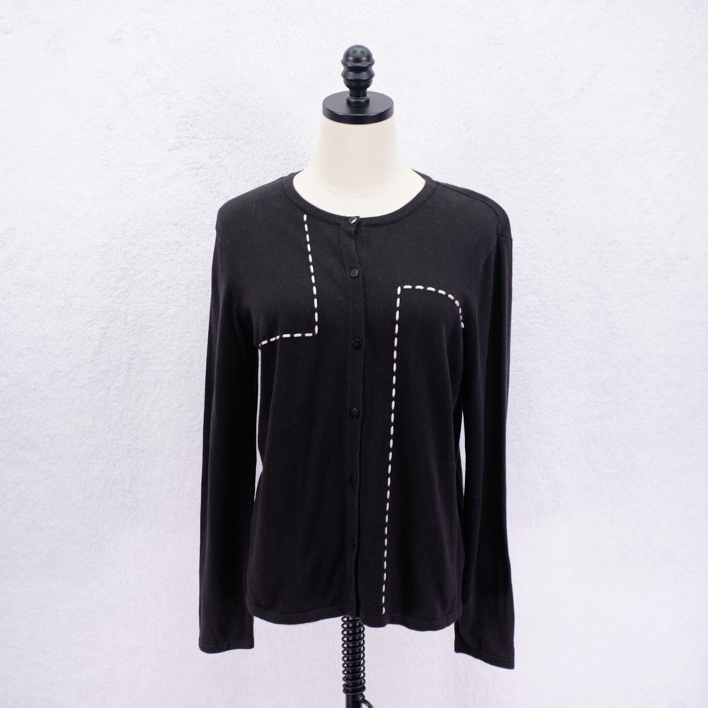 Talbots -Medium- Black Cotton Rayon Crew Neck‎ Button Up Ribbed Cardigan Sweater